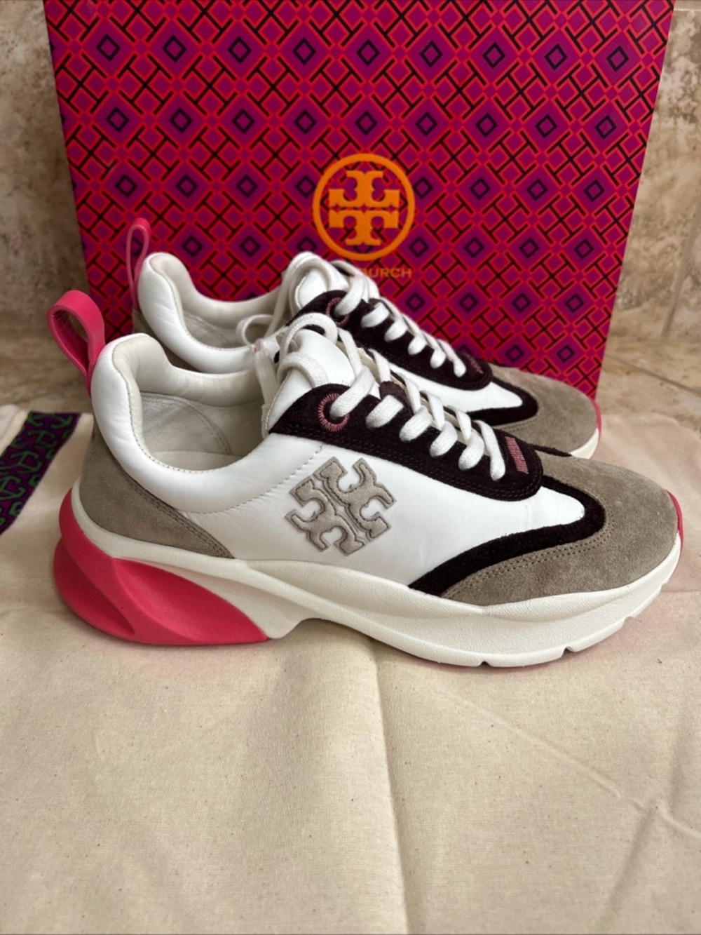 Tory Burch  NEW Sz 9 RARE Good Luck Trainer New Ivory/Taupe/Pink women’s sneaker
